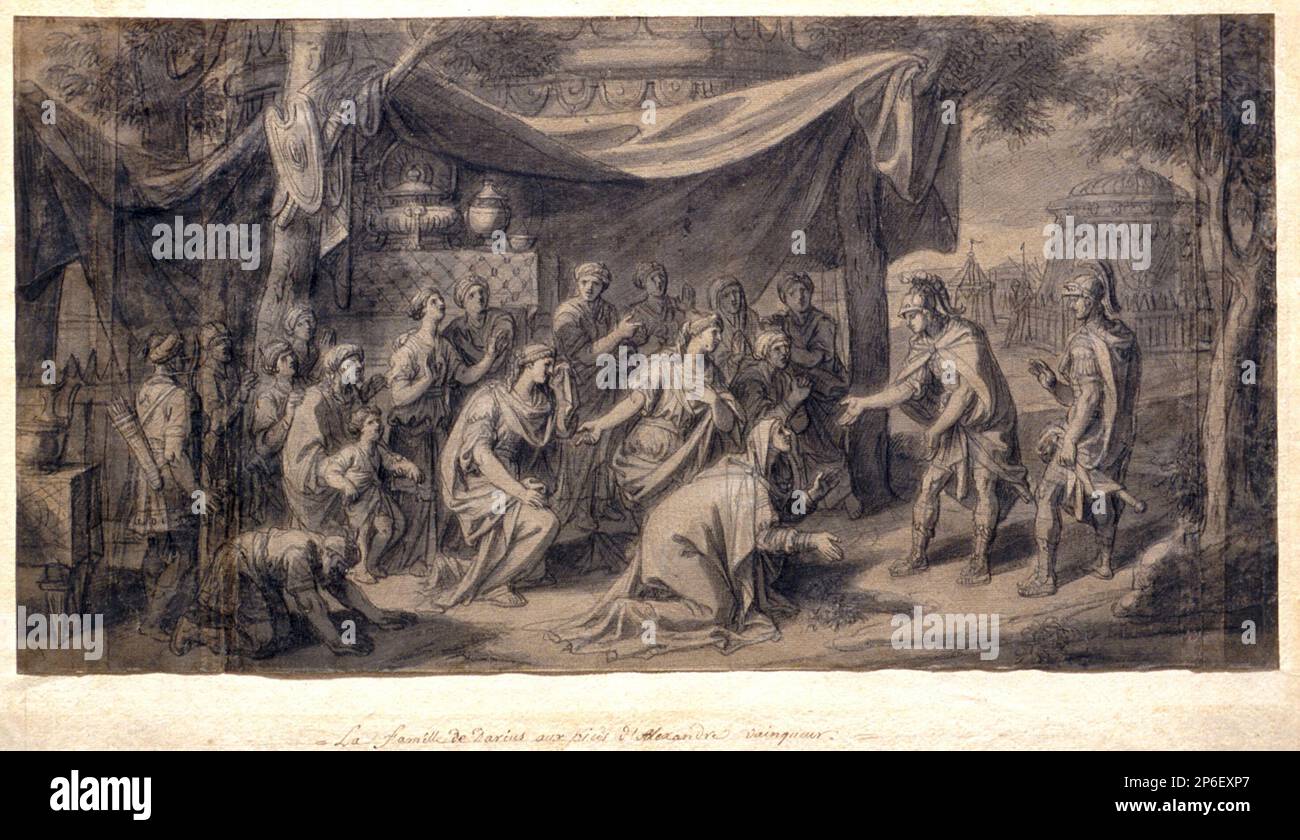 François Verdier, Alexander et la famille du Darius dans un paysage, 1690, craie noire et lavage gris rehaussé de blanc sur papier bleu-gris, collé sur vieux tapis, papier blanc couché. Banque D'Images