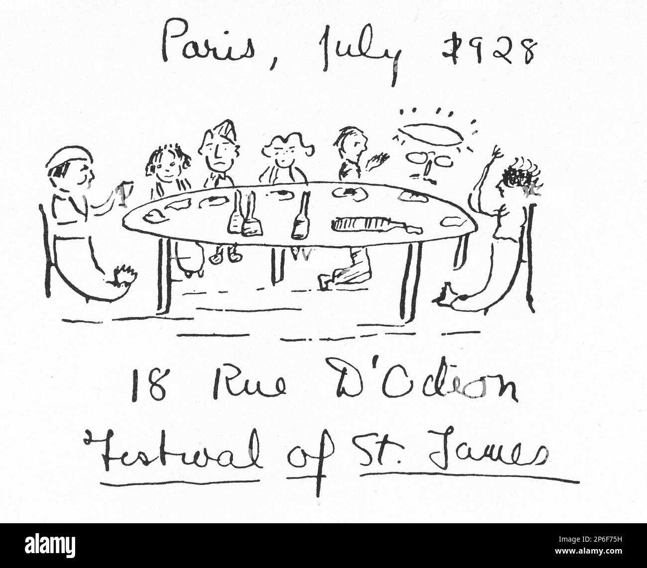 1928 , juillet , Paris , France : l'écrivain irlandais JAMES JOYCE ( Dublin 1882 - Zurich 1941 ) avec quelques amis , caricature schetch de l'écrivain américain F. SCOTT FITZGERALD - SCRITTORE - LETTERATURA - LITTÉRATURE - letterato - caricatura - portrait - ritrato --- Archivio GBB Banque D'Images