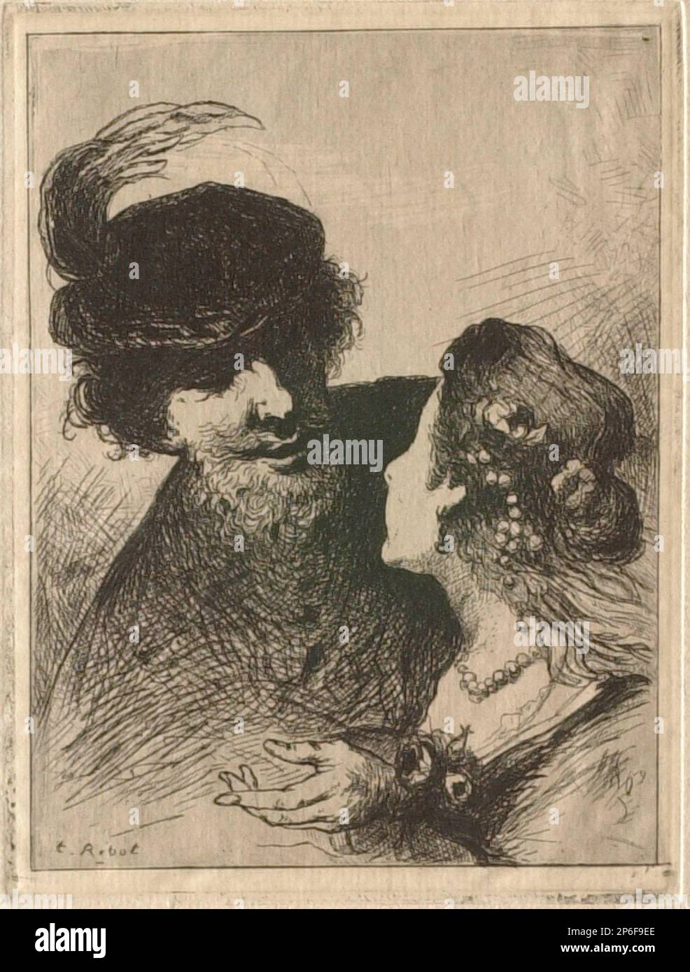Théodule Ribot, homme avec capuchon à plumes, gravure sur papier peint. Banque D'Images