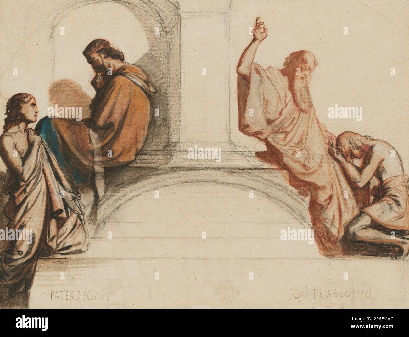 Henri Lehmann, Etude pour une fresque représentant les sacrements de la confession et de l'Absolution, Chapelle du Saint-Esprit, Église Saint-Merri, Paris, vers 1842-1844, craie noire et rouge, estompe, crayon et lavoir sur papier. Banque D'Images
