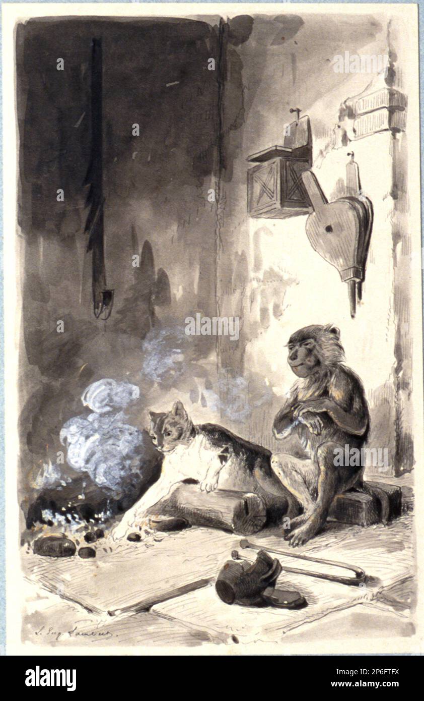 Eugène Lambert, le singe et le chat, 1870s, stylo et encre et lavage gris sur papier vélin. Banque D'Images