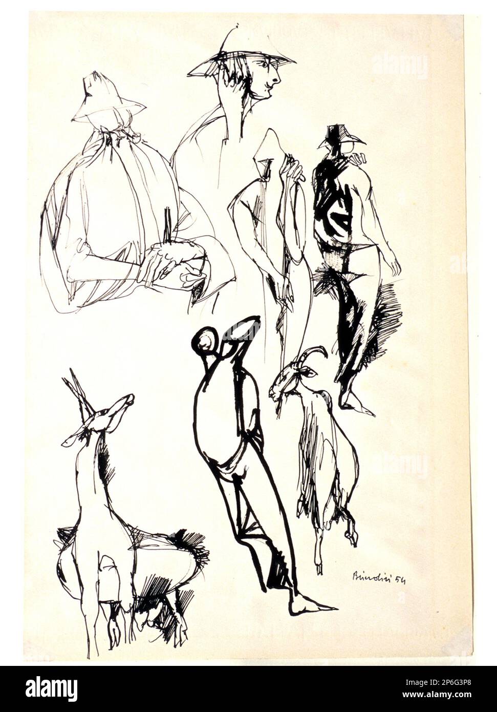 Remo Brindisi, esquisses d'animaux et de personnes, 1954, encre noire sur papier. Banque D'Images