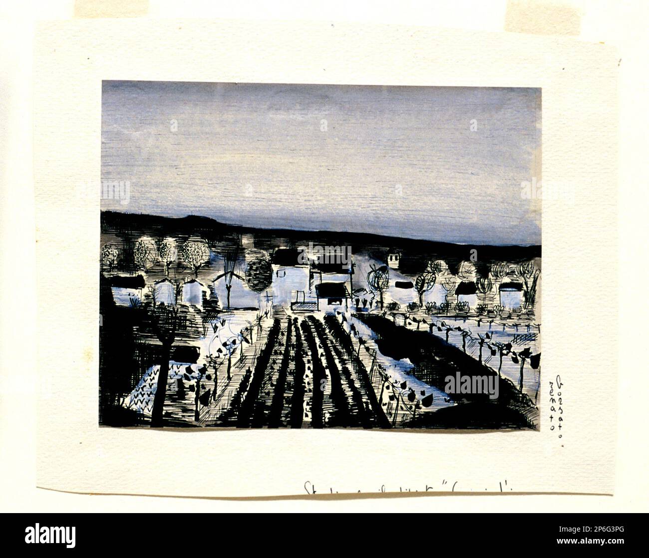 Renato Borsato, Maisons en paysage, 1937–1970, stylo et encre noire et lavage gris sur papier. Banque D'Images