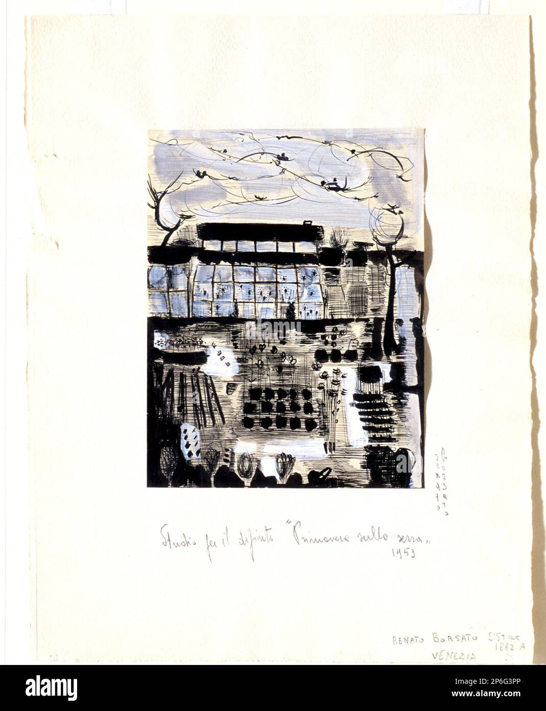 Renato Borsato, Etude pour 'Primavera Sulla Sera', 1953, stylo et encre noire et lavage gris sur papier. Banque D'Images