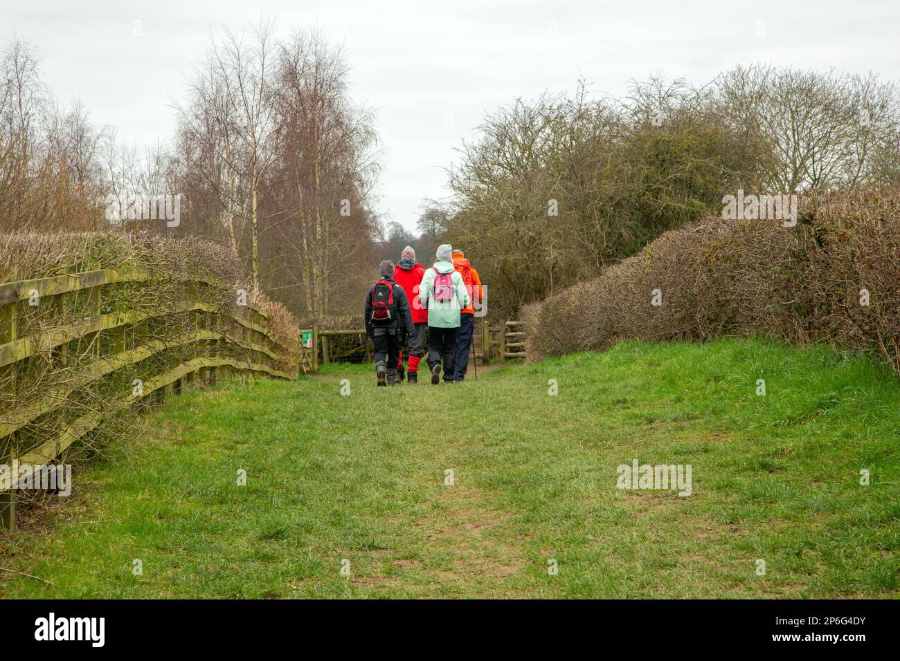 Groupe de randonneurs pays marchant le long d'un sentier public dans la campagne près de Melbourne Derbyshire Angleterre Banque D'Images