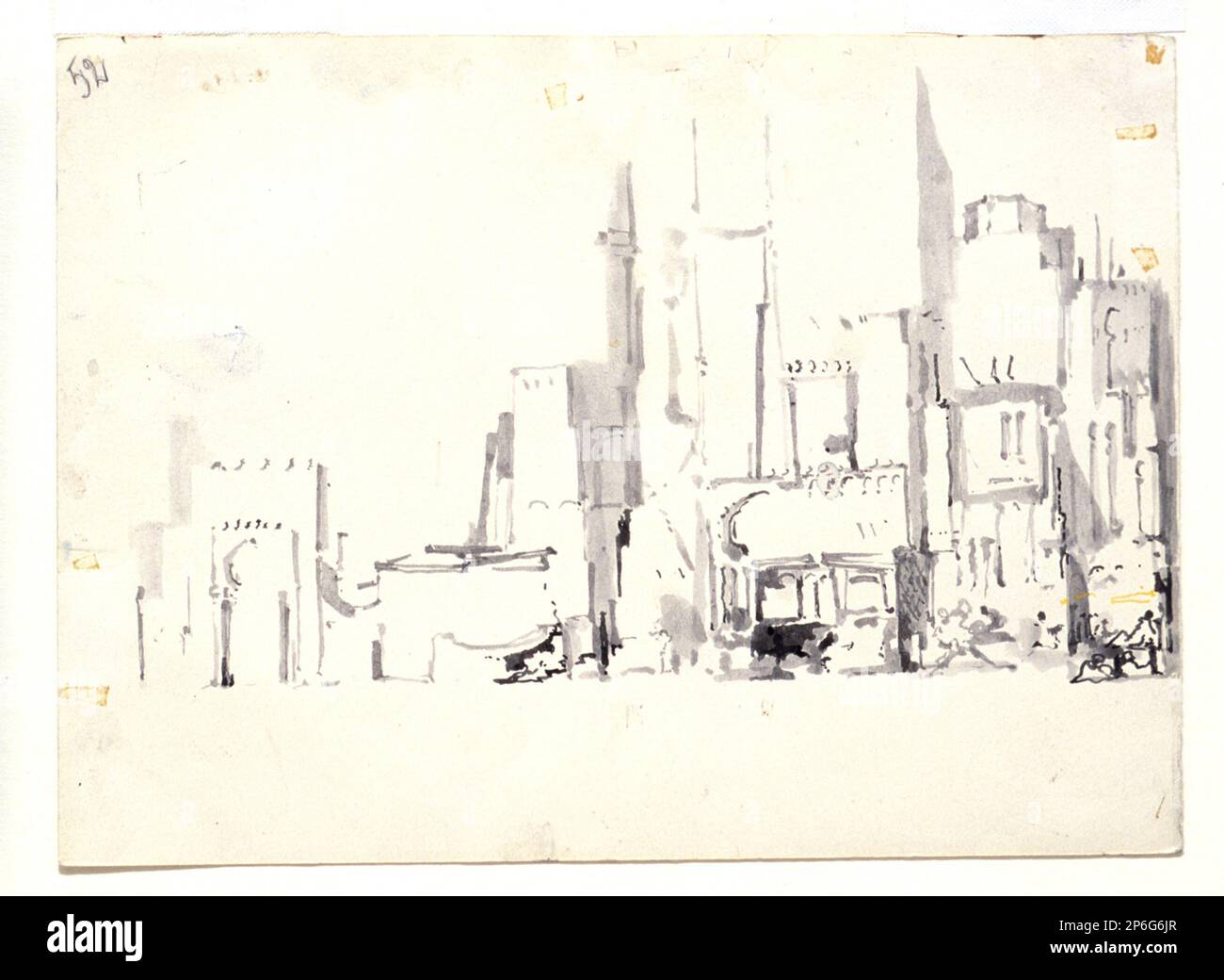 Attribué à Fabrizio Clerici, Silhouette des bâtiments de la rue, 1952, lavage gris sur papier. Banque D'Images