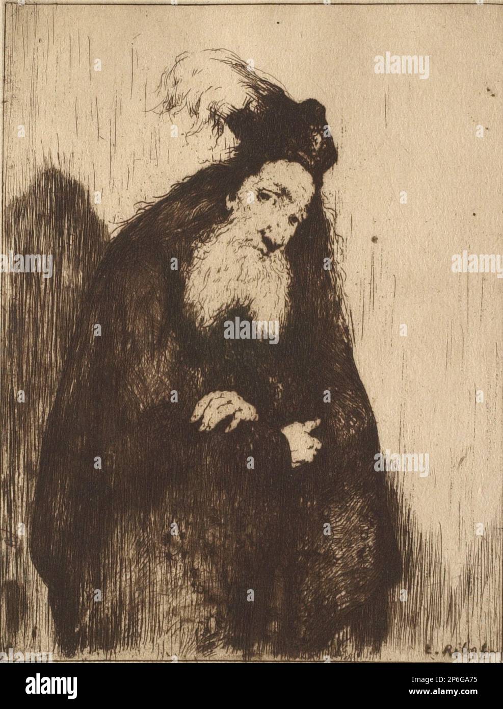 Théodule Ribot, Old Man avec chapeau plumé, gravé sur du papier peint. Banque D'Images