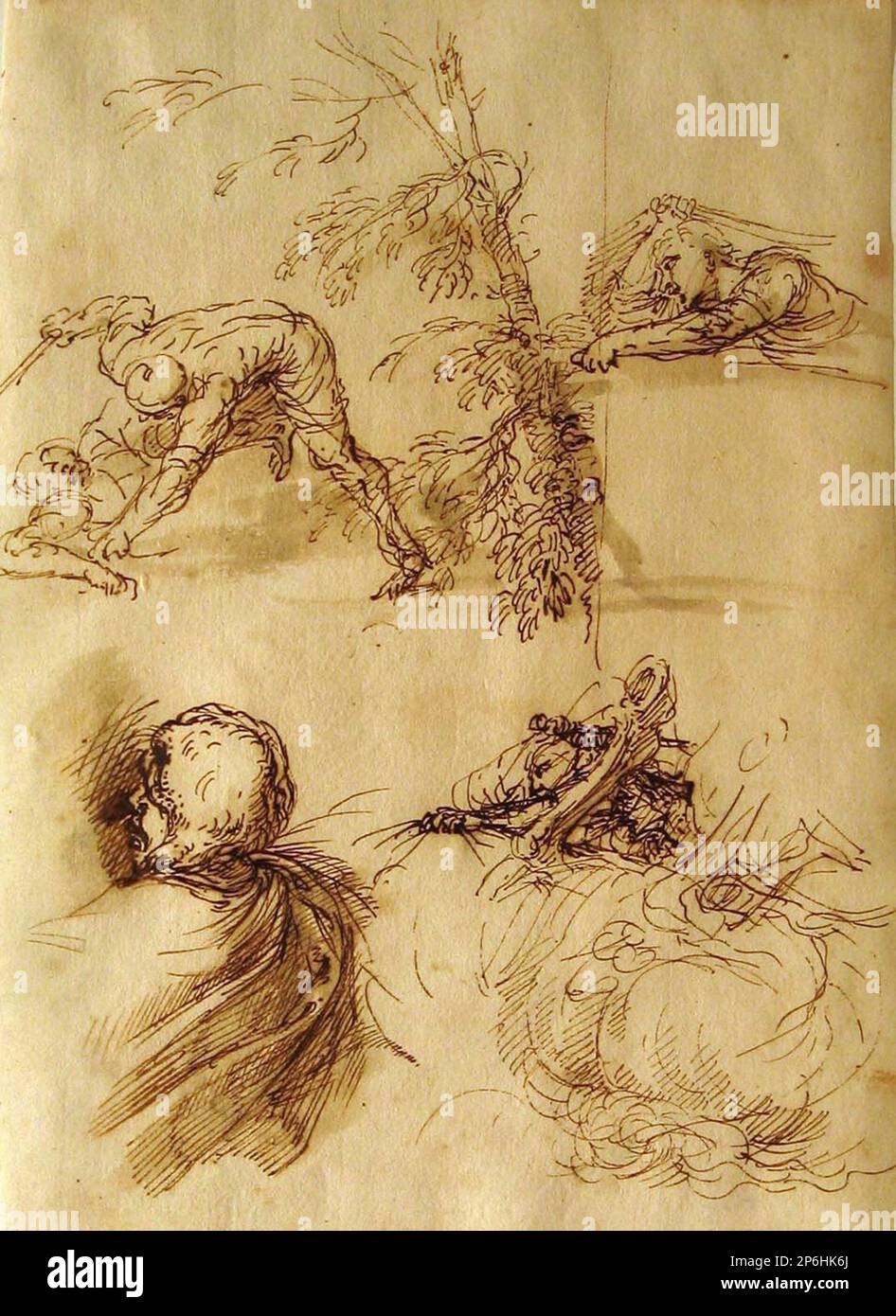 Salvator Rosa, feuille d'études, c. 1650, encre stylo et brune avec lavage gris sur papier. Banque D'Images