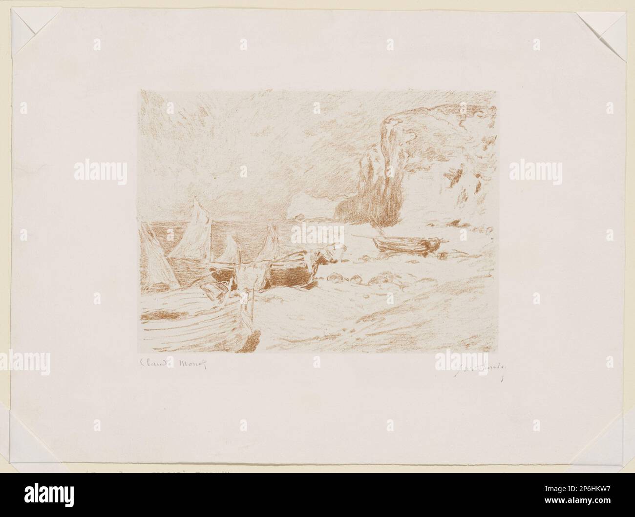 Georges William Thornley, bateaux de pêche, Etretat, vers 1894, lithographie de transfert imprimé à l'encre brun rougeâtre sur l'appliqué blanc cassé de l'Inde. Banque D'Images