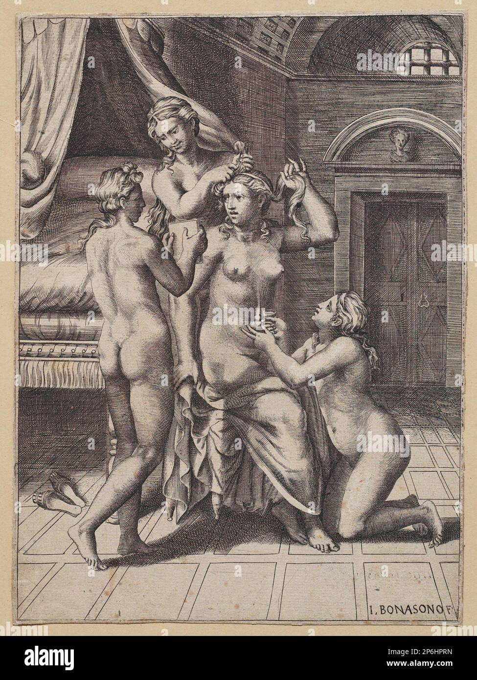 Giulio Bonasone, venus assisté par les Grâces, gravure. Banque D'Images