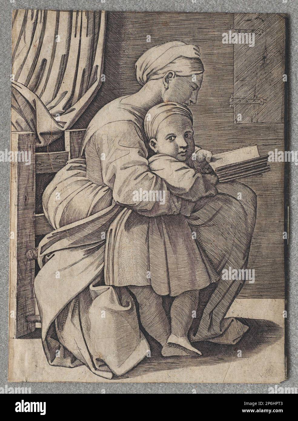 Marco Dente, la Vierge de la lecture avec le bébé Christ, vers 1511-14, gravure. Banque D'Images