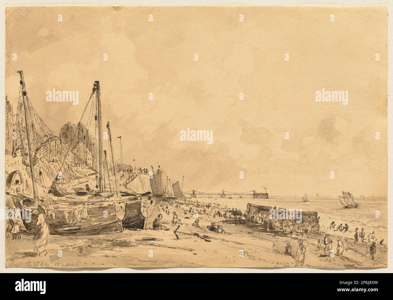 John Constable, Brighton Beach, look East, 1824 ans, pinceau et lavage gris sur graphite sur papier vélin beige. Banque D'Images