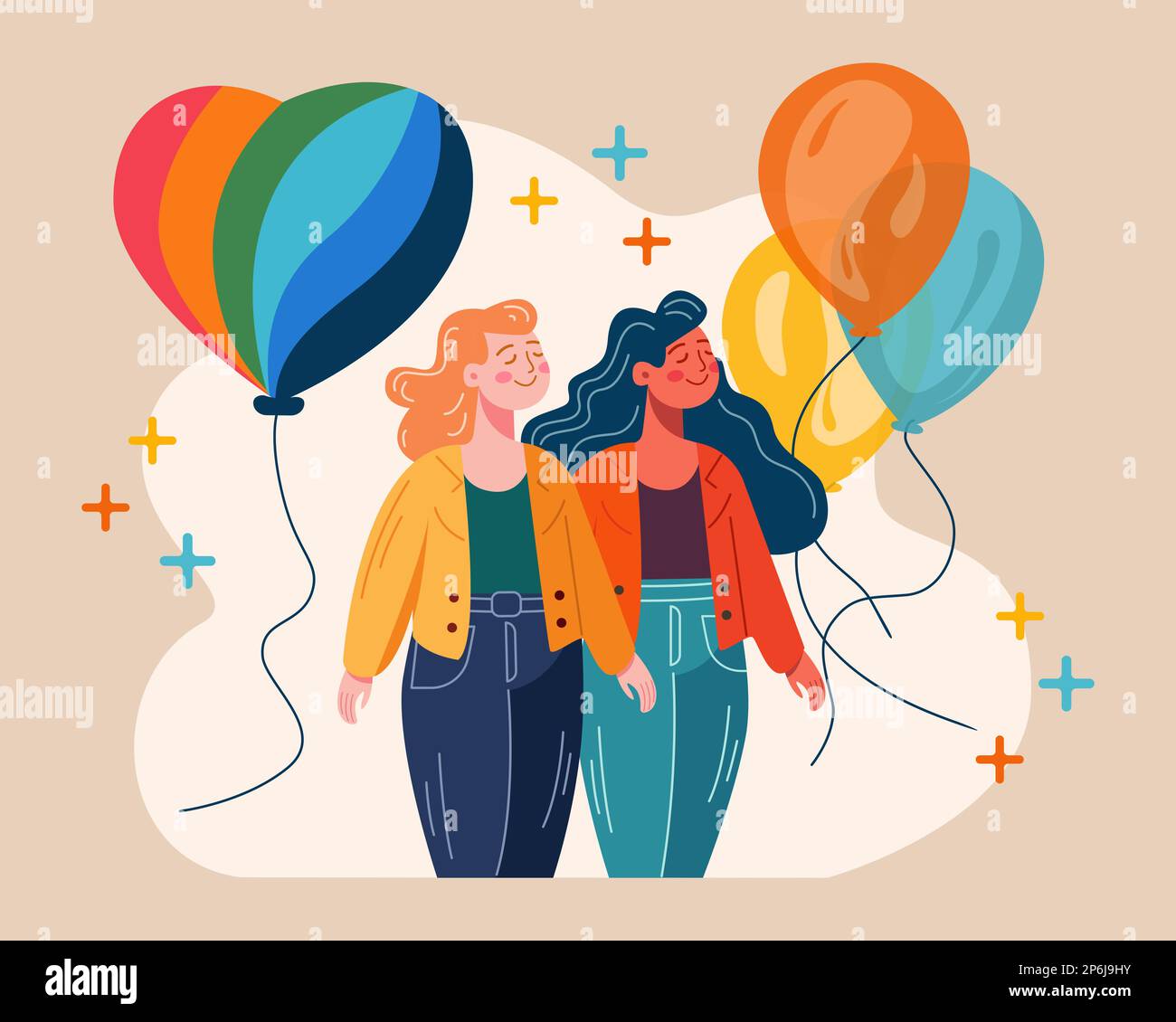 Couple lesbien sur la parade de fierté. Deux filles avec ballons colorés. Concept des droits LGBT. Joyeuses amants féminins qui marchent ensemble Illustration de Vecteur