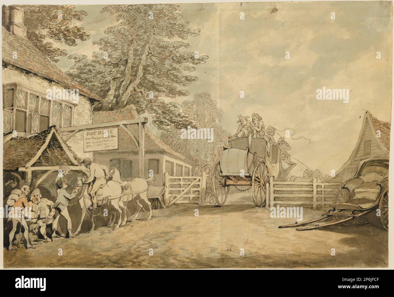 Thomas Rowlandson, The Post House, c. 1778–80, stylo et encre grise, lavage gris et aquarelle sur papier couté. Banque D'Images