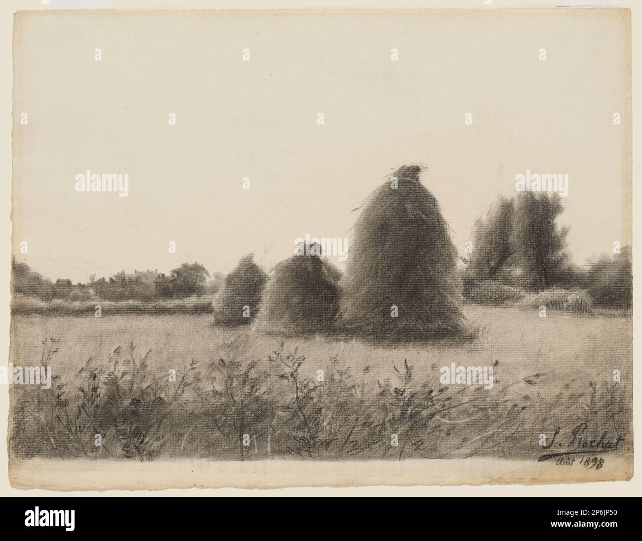 Samuel Rochat, Haystacks, 1898 ans, craie noire sur papier crème. Banque D'Images Samuel Rochat, Haystacks, 1898 ans, craie noire sur papier crème. Banque D'Images