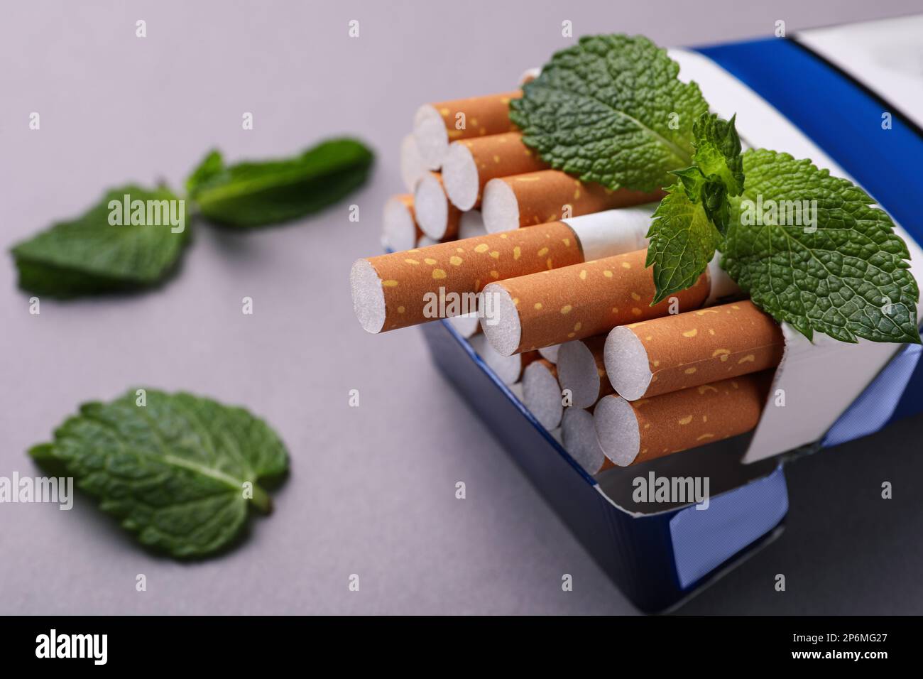 Paquet de cigarettes de menthol et de feuilles de menthe sur fond gris, gros plan Banque D'Images