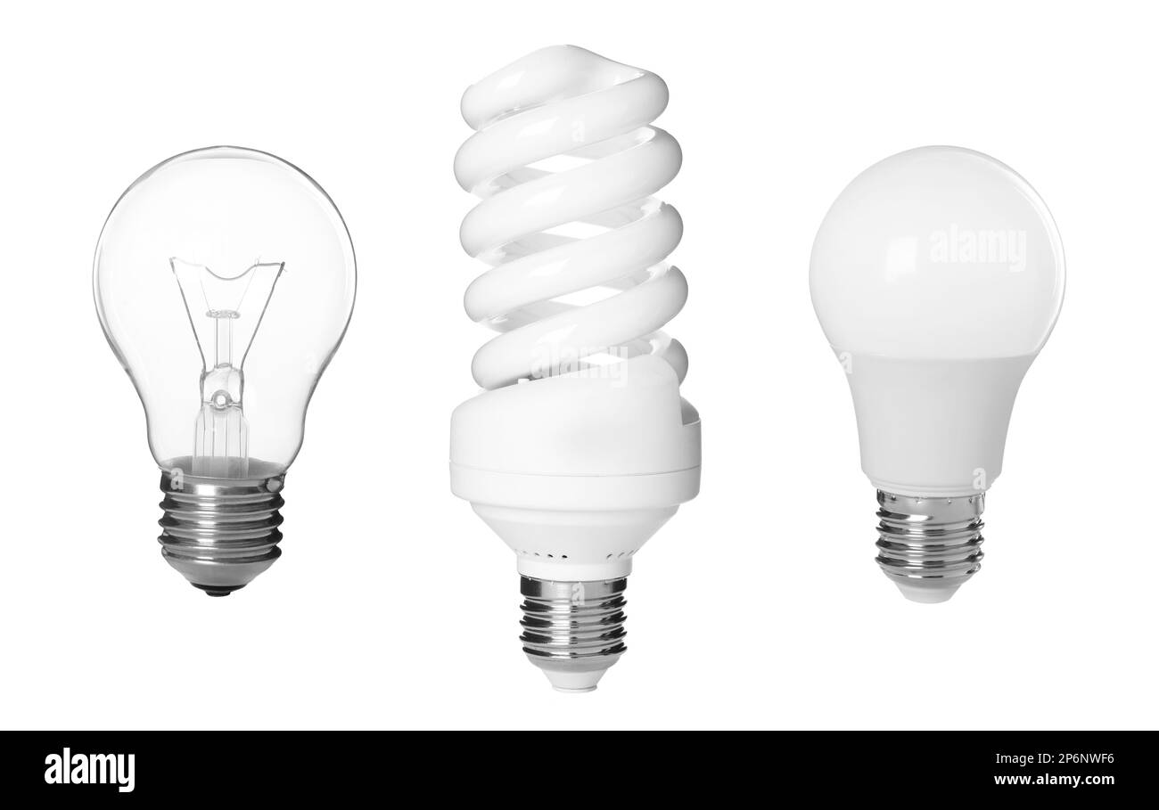 Comparaison de différentes ampoules sur fond blanc, collage Banque D'Images