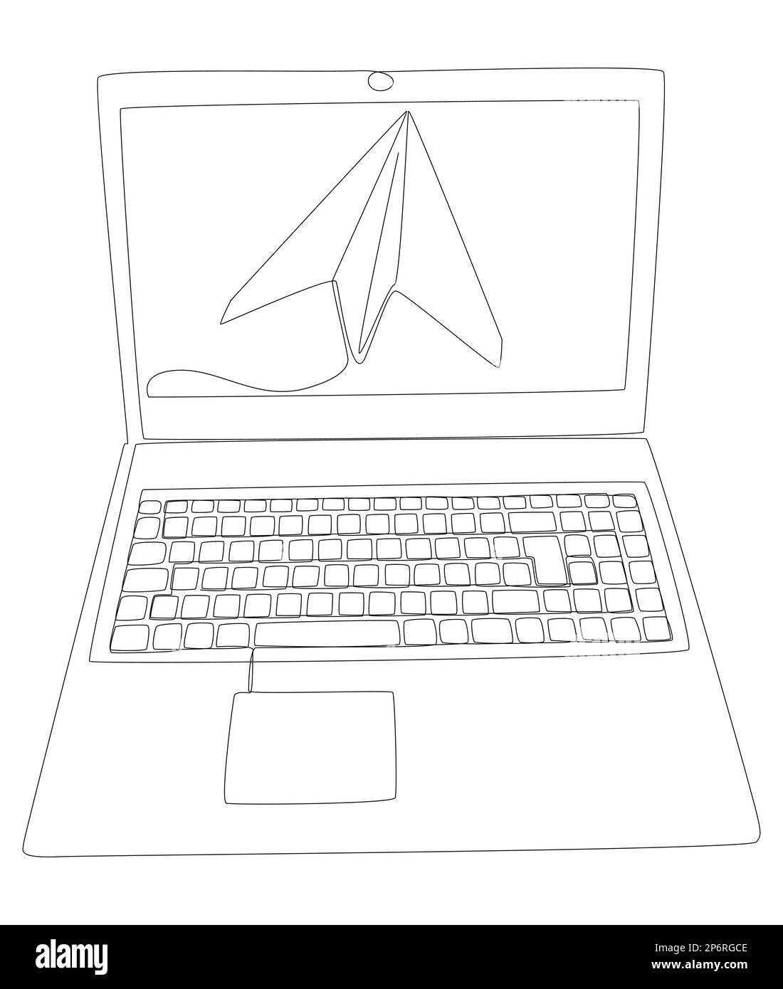 Une ligne continue d'ordinateur portable et de papier avion . Concept de vecteur d'illustration à trait fin. Dessin de contour idées créatives. Illustration de Vecteur