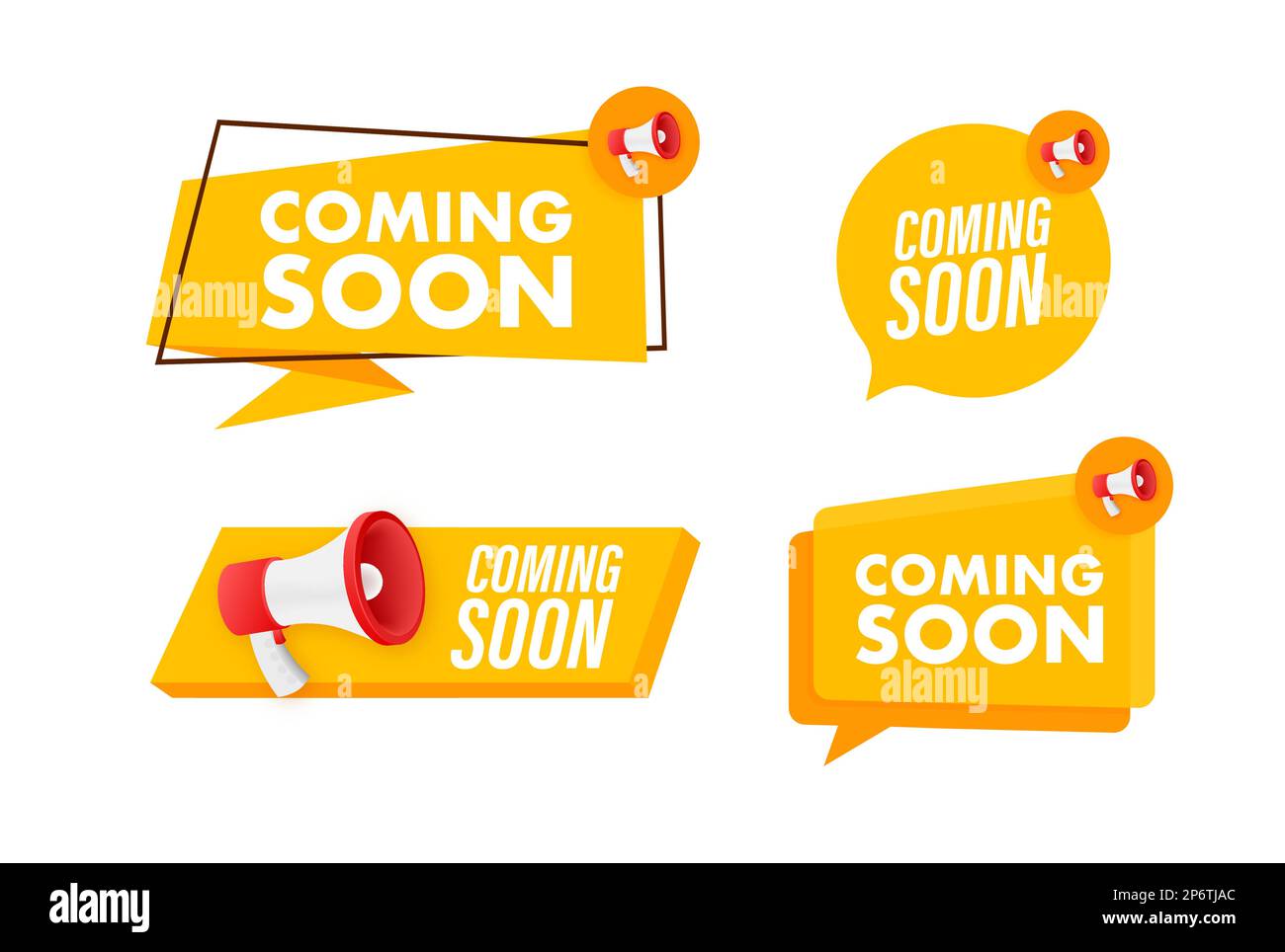 Ensemble d'étiquettes à mégaphone avec texte bientôt disponible. Bannière promotionnelle pour le mégaphone en main. Marketing et publicité Illustration de Vecteur