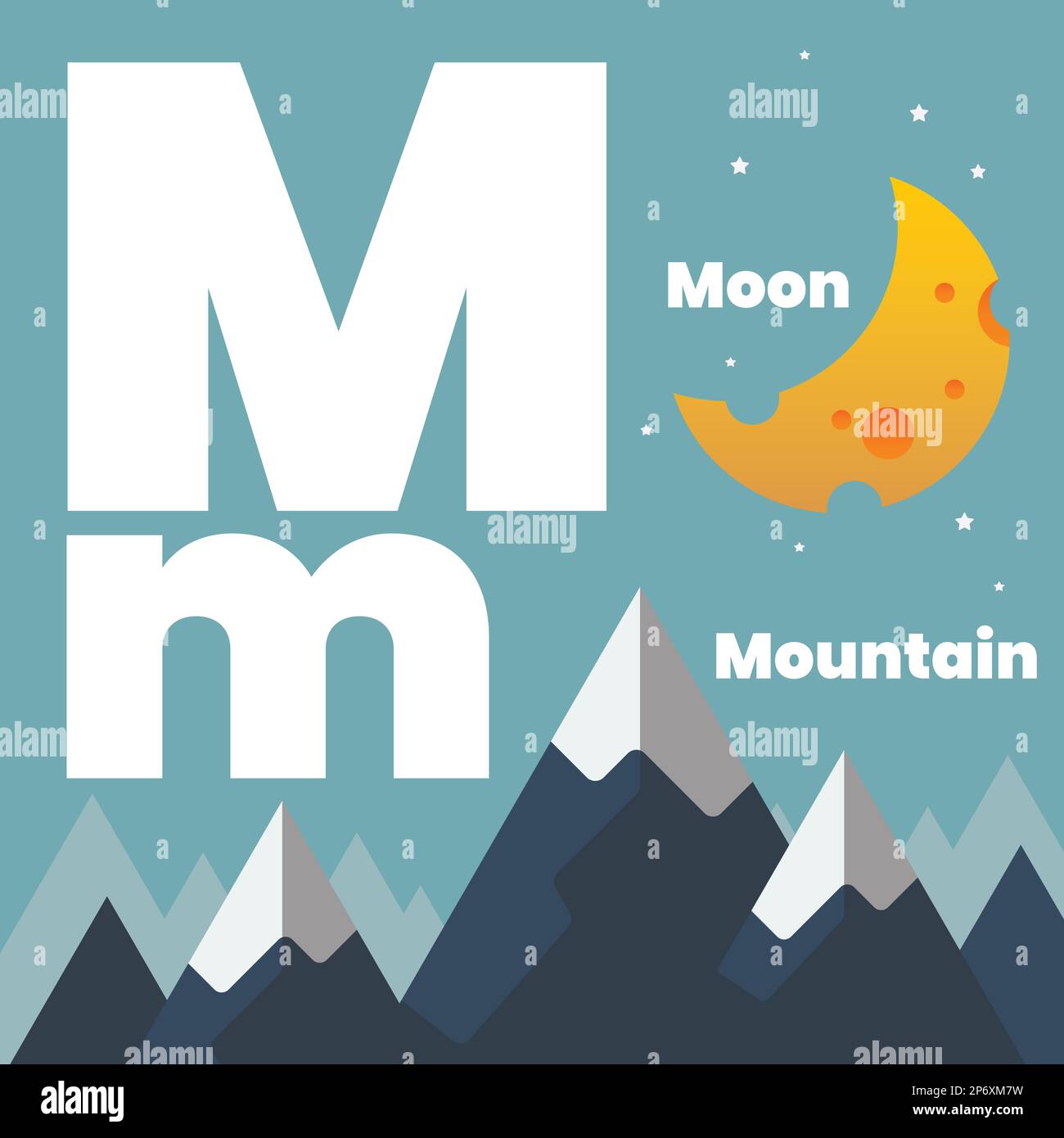 Mignon enfants ABC alphabet mots de carte de mémoire avec la lettre M pour les enfants apprenant le vocabulaire anglais. Lune de montagne. Illustration vectorielle Illustration de Vecteur