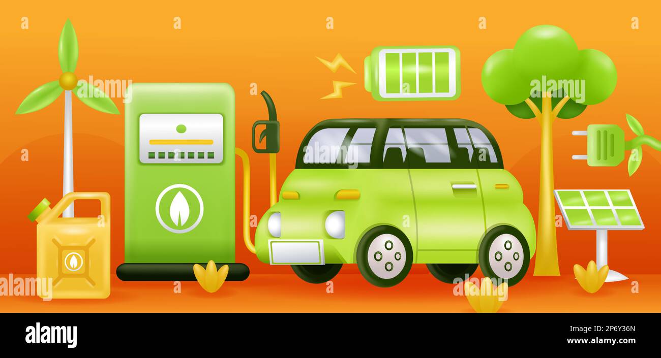 Énergie verte. 3d illustration de la voiture électrique, de la station-service, du panneau solaire, de l'éolienne et de la batterie Illustration de Vecteur