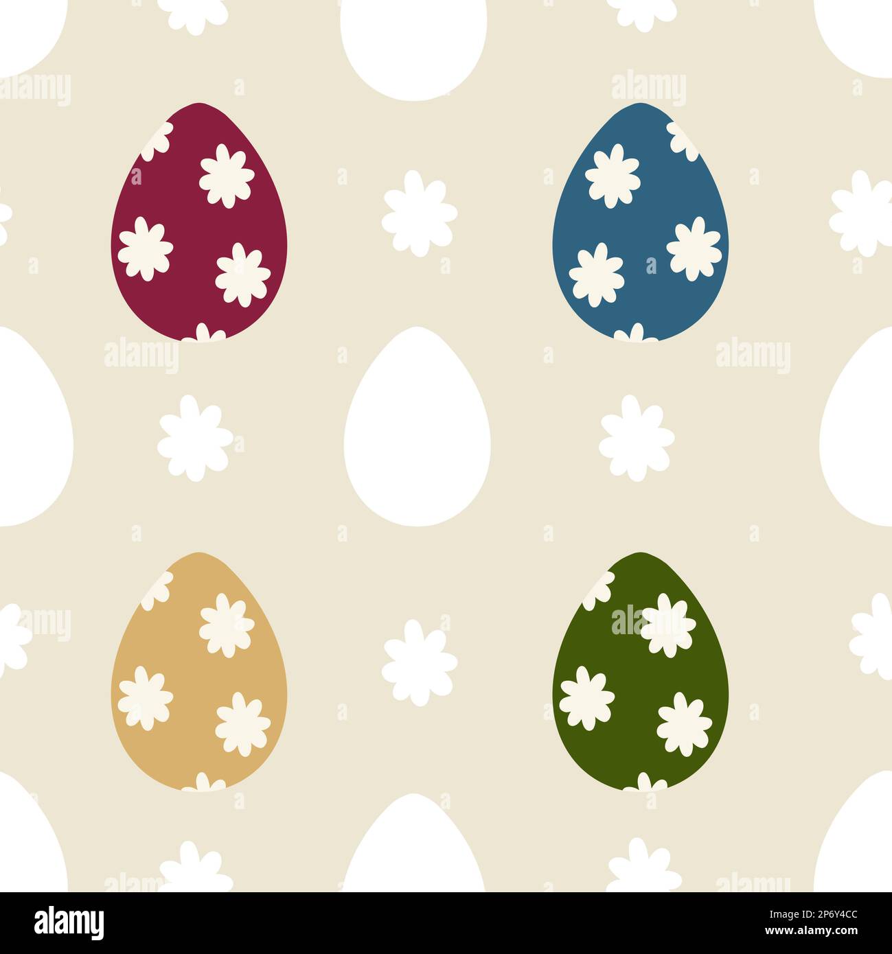 Motif de Pâques sans coutures. Œufs plats dessinés à la main et fleurs sur fond beige. Imprimé raster sur toute la surface « Happy Easter » simple Banque D'Images