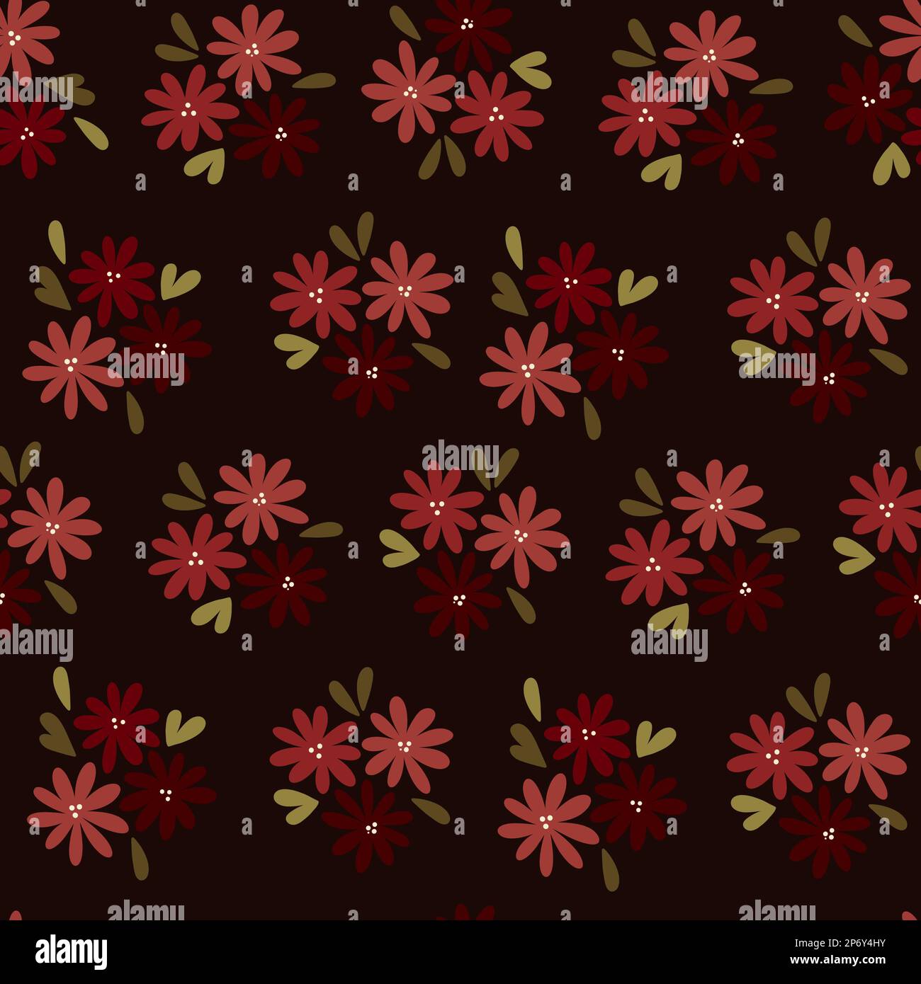 Petites fleurs sombres nuances motif sans couture. Fleurs rouges et vertes dessinées à la main sur fond noir. Imprimé raster sur toute la surface Banque D'Images