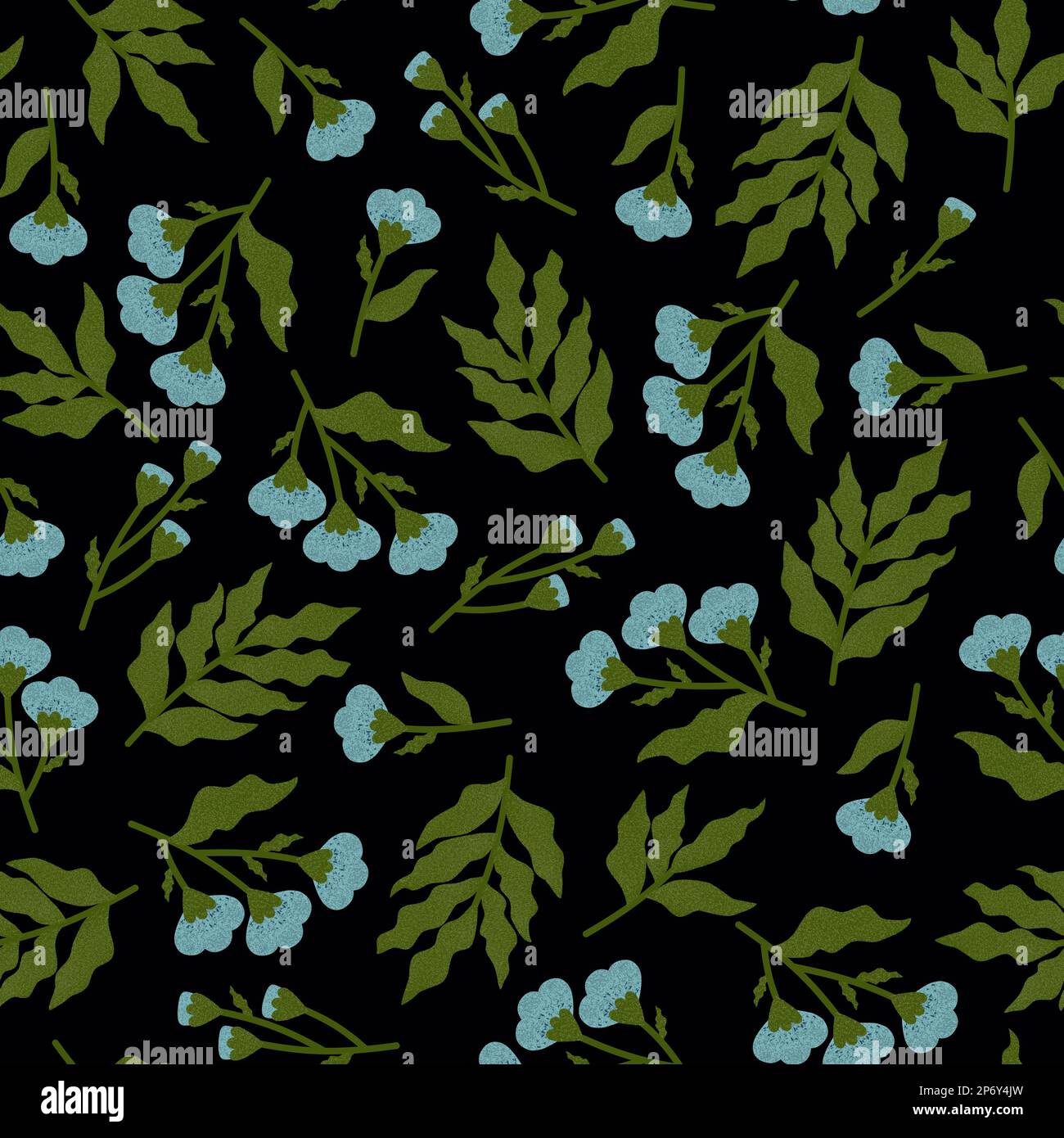 Motif fleuri sans couture avec ensemble de fleurs bleues texturées dessinées à la main isolées sur fond noir Banque D'Images