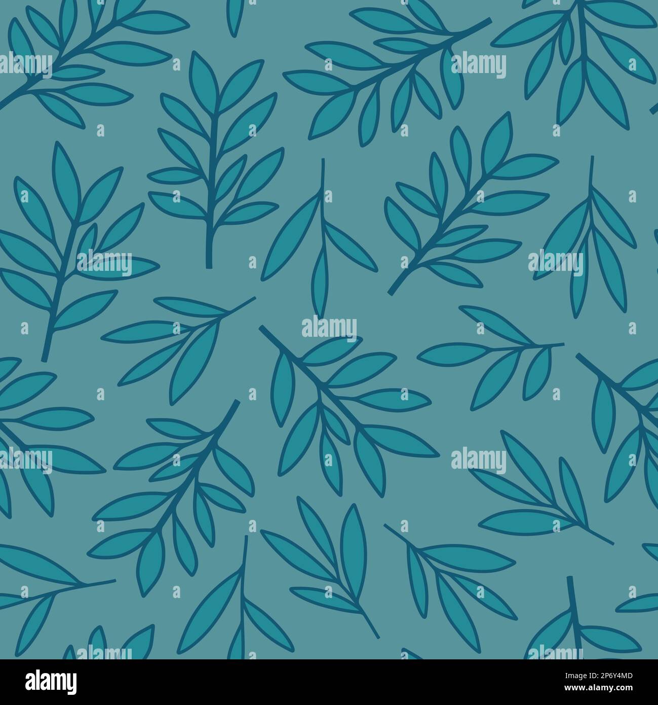 Brunit et laisse sans couture. Petites silhouettes à feuilles dessinées à la main dans des tons de bleu imprimé sur toute la surface Banque D'Images