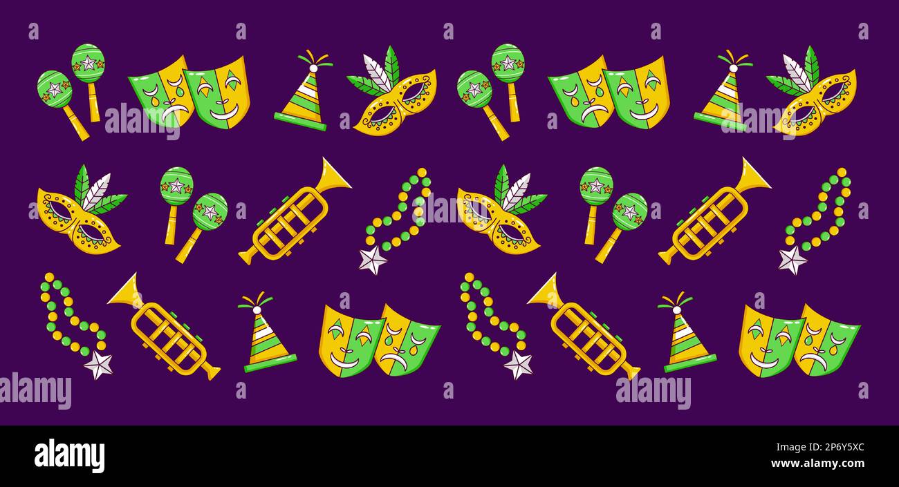 Carnaval de Mardi gras. Masque, trompette, collier, maracas et motif d'icône de chapeau de fête Illustration de Vecteur
