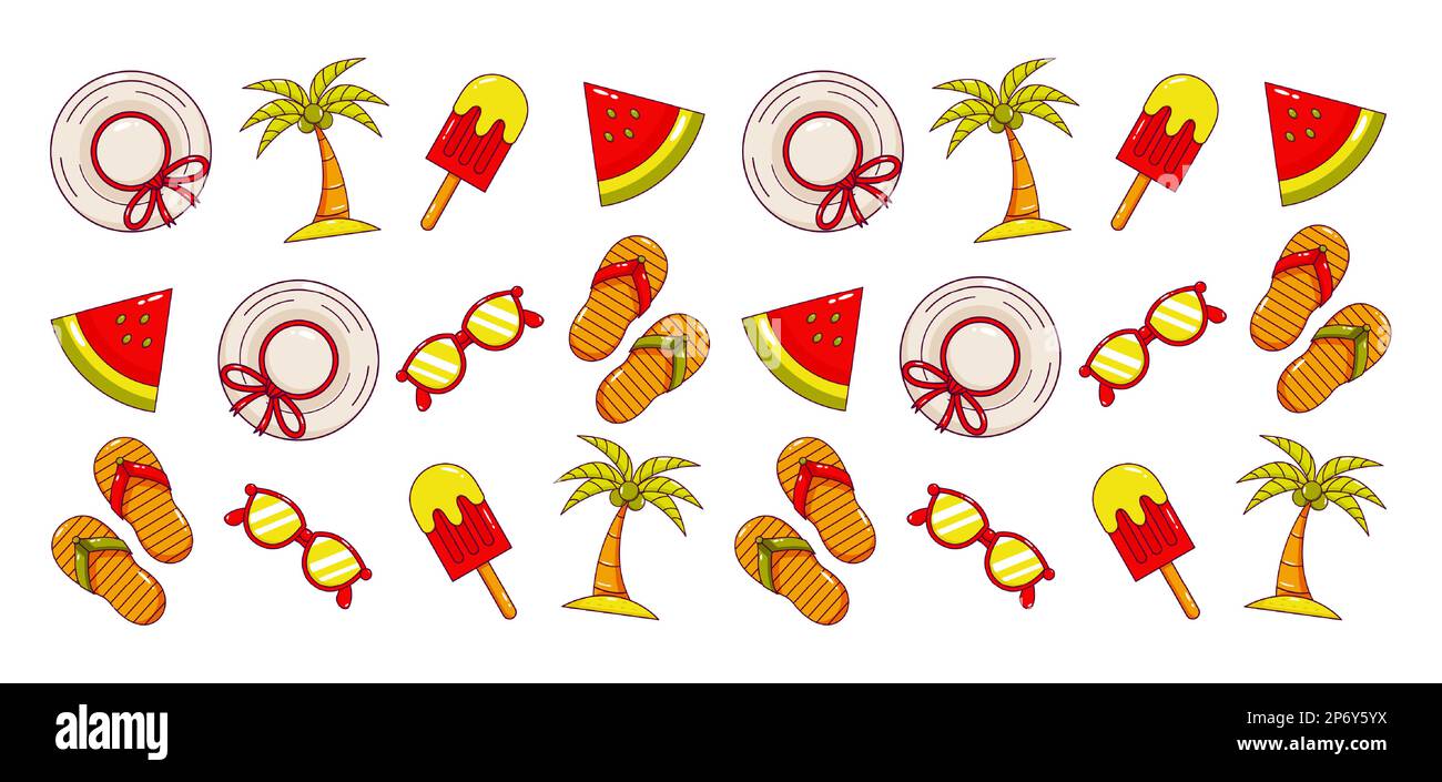 Vacances d'été. Chapeau, lunettes, crème glacée, sandales, motif icône cococotier et pastèque Illustration de Vecteur
