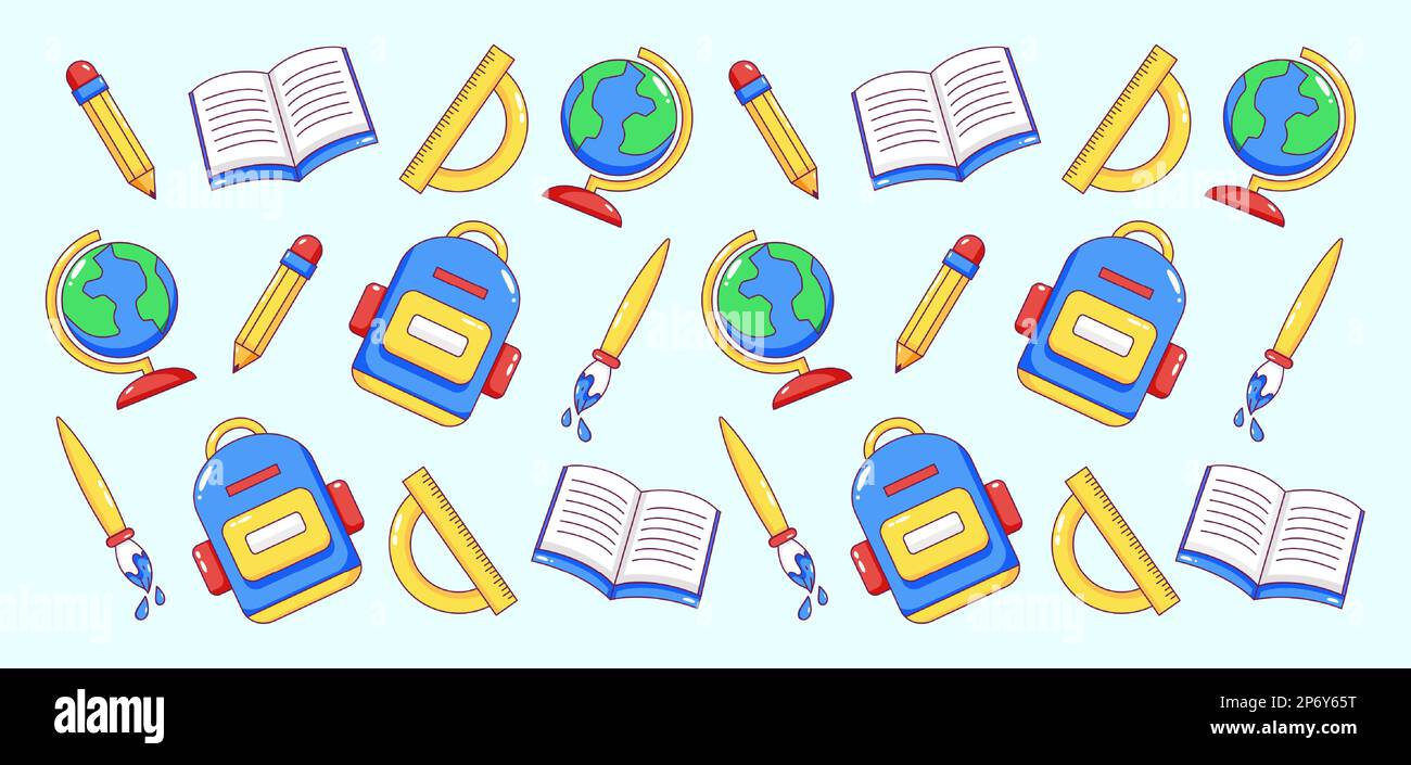Équipement scolaire. Livre, crayon, règle, pinceau, sac et motif d'icône de globe Illustration de Vecteur