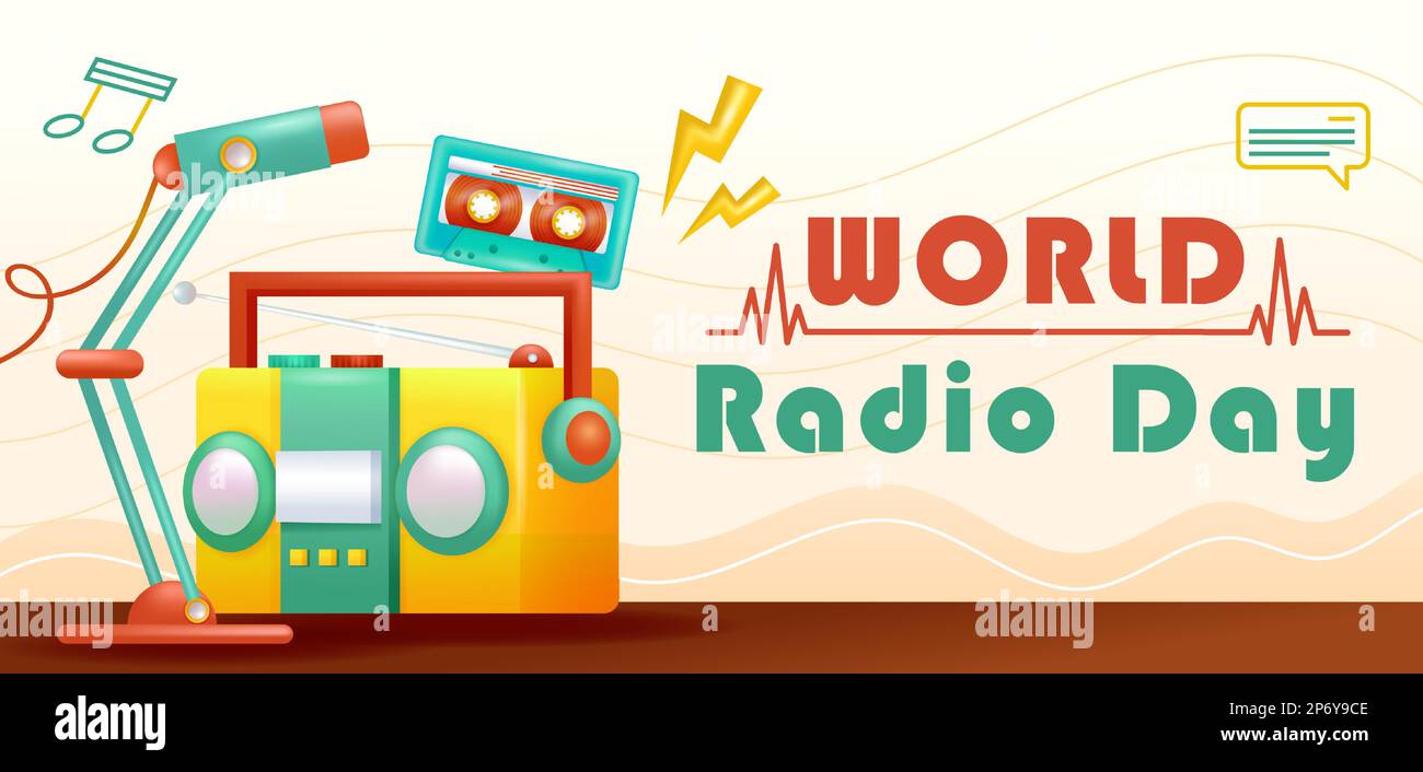 Journée mondiale de la radio. 3d illustration de la radio, du casque, de la cassette et du micro Illustration de Vecteur