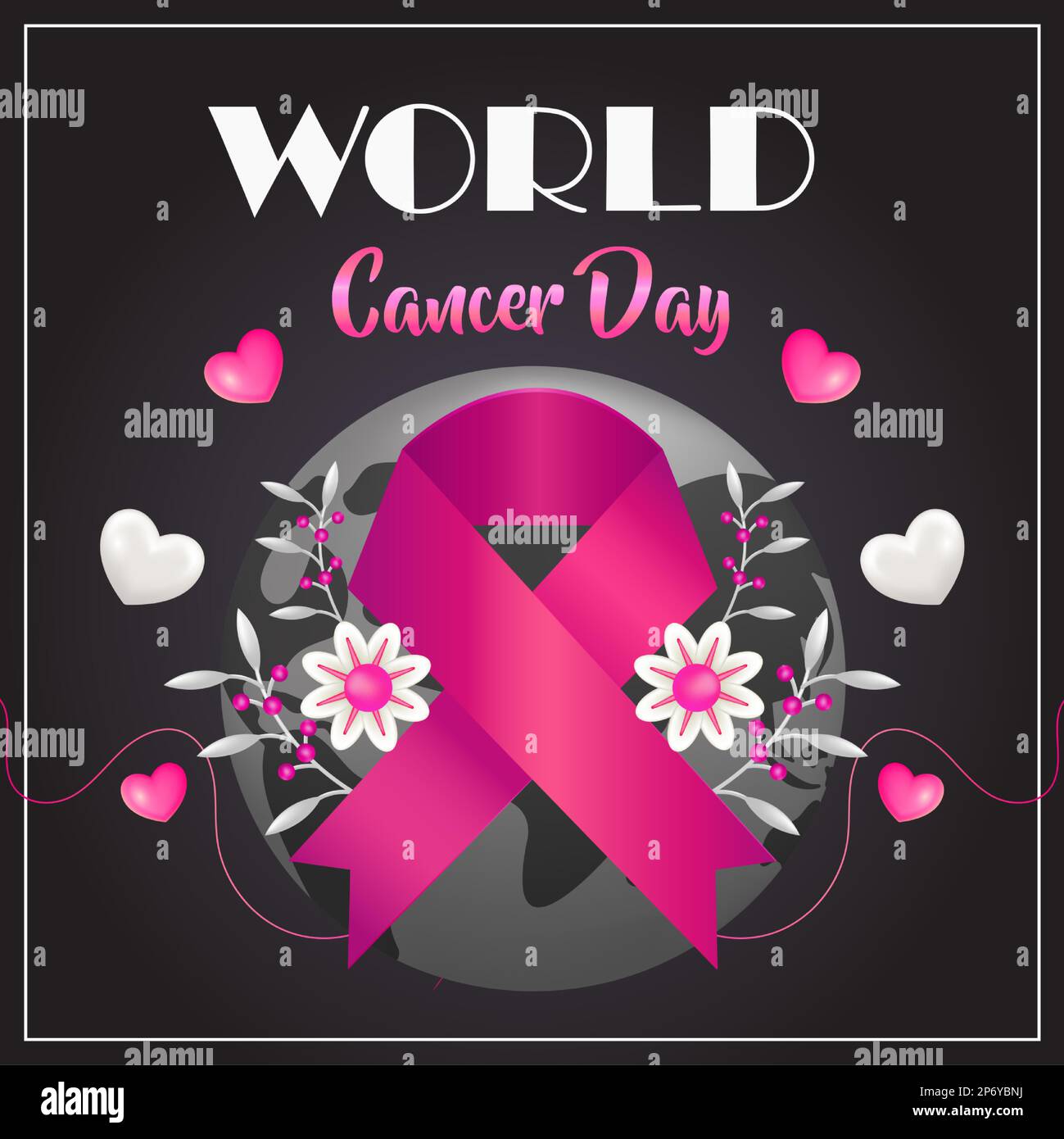 Journée mondiale du cancer, 3D illustration de rubans et de fleurs sur fond de terre Illustration de Vecteur