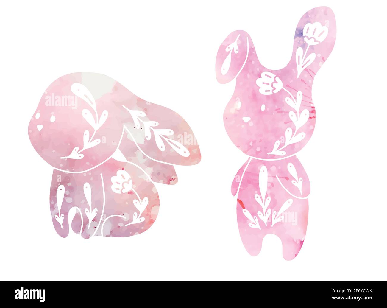 Ensemble vectoriel de lapins à la décoration aquarelle. Collection avec lièvres roses à motif floral et touches de teinture. Lapins d'art populaire. Clip arts Illustration de Vecteur