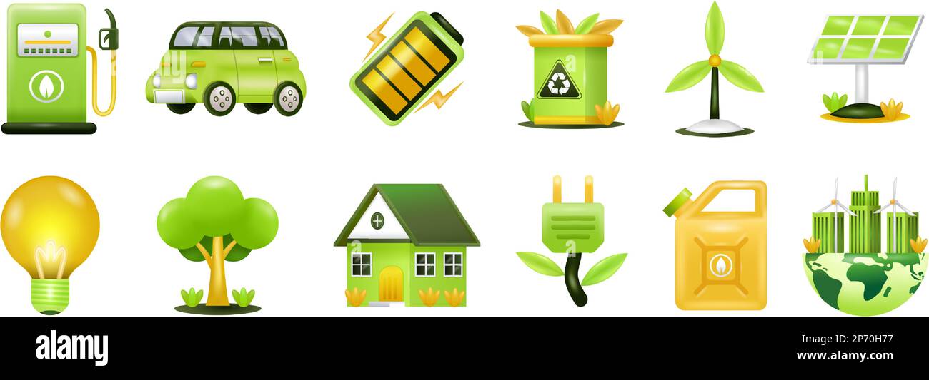 Énergie verte. Station-service, voiture électrique, batterie, recyclage, panneau solaire et éolienne icône 3D Illustration de Vecteur
