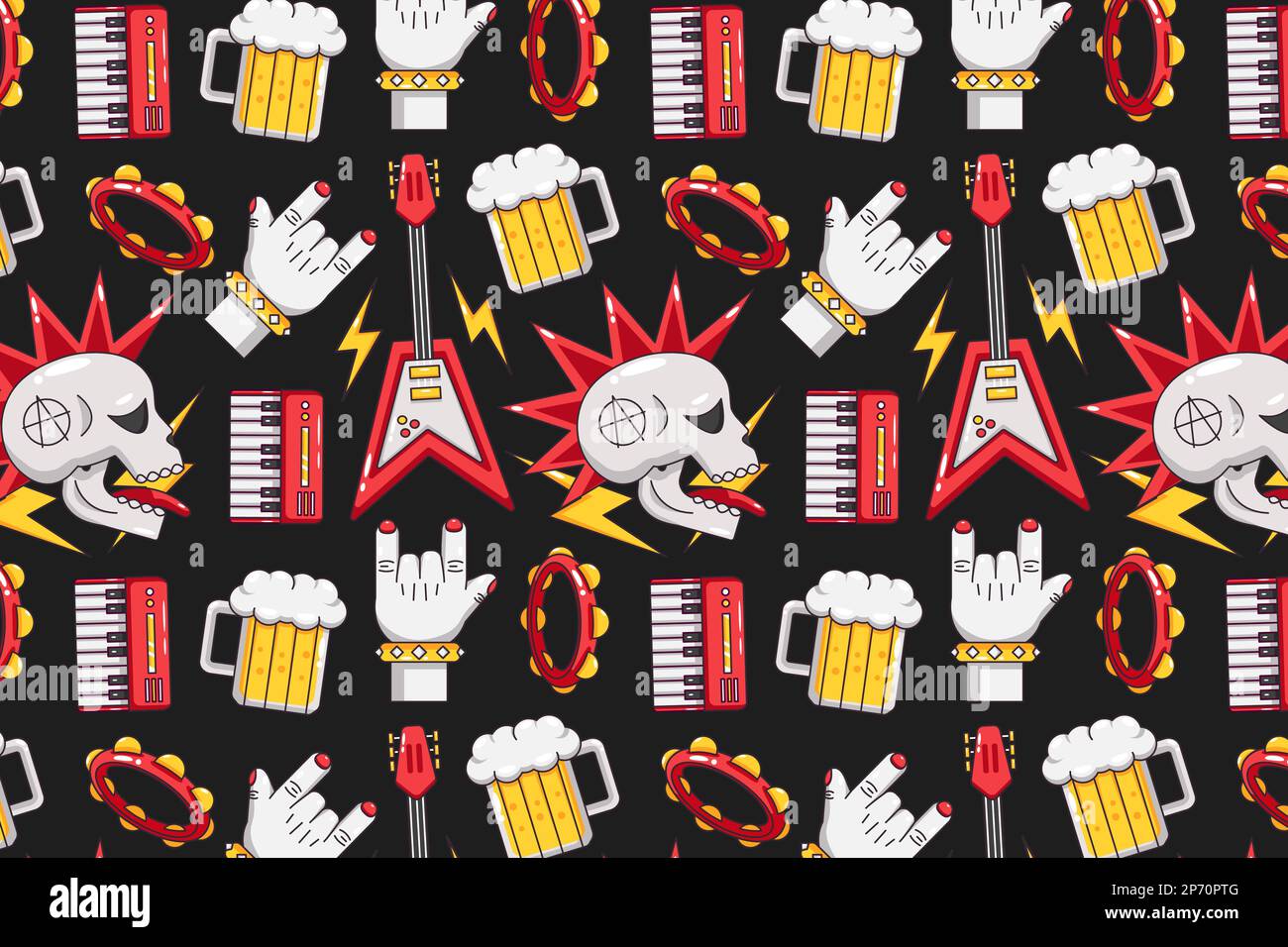 Punk Rock. Guitares, casques, tambours, bandes, pianos, haut-parleurs, bière et motifs de crâne Illustration de Vecteur