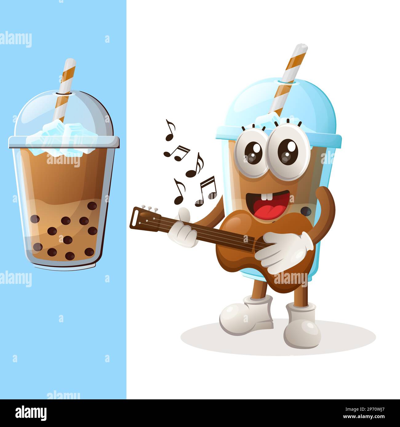 Mignon Bubble Tea mascotte jouant de la guitare. Idéal pour les magasins d'alimentation, les petites entreprises ou le commerce électronique, la marchandise et l'autocollant, la promotion des bannières, l'évaluation des aliments bl Illustration de Vecteur