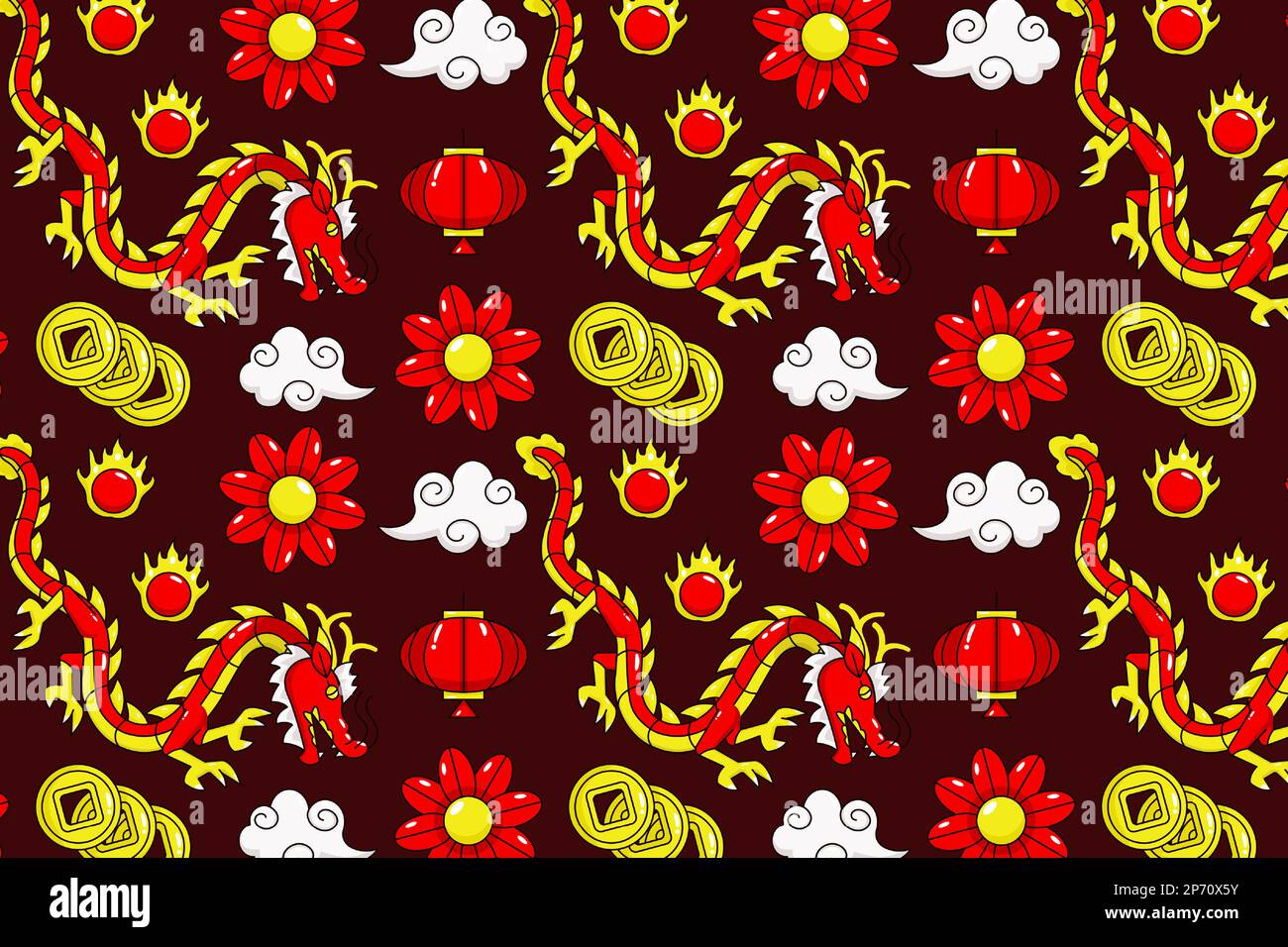 Motif d'icône de nouvel an chinois. Dragons, lanternes, or, koï et pétards Illustration de Vecteur