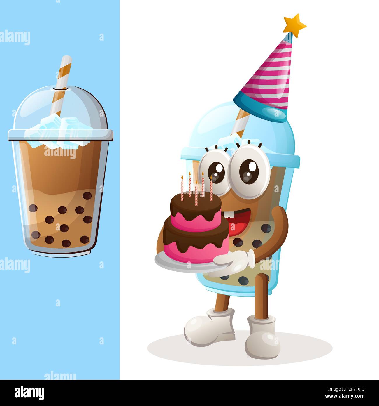 Adorable Bubble Tea mascotte portant un chapeau d'anniversaire, tenant un gâteau d'anniversaire. Idéal pour les magasins d'alimentation, les petites entreprises ou le commerce électronique, la marchandise et l'autocollant, b Illustration de Vecteur