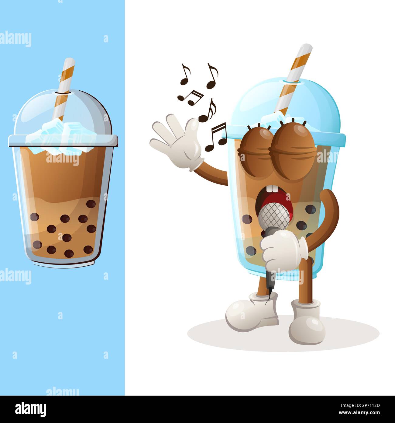 Mignon Bubble Tea mascotte chantant, chantant une chanson. Idéal pour les magasins d'alimentation, les petites entreprises ou le commerce électronique, la marchandise et l'autocollant, la promotion des bannières, la restauration Illustration de Vecteur