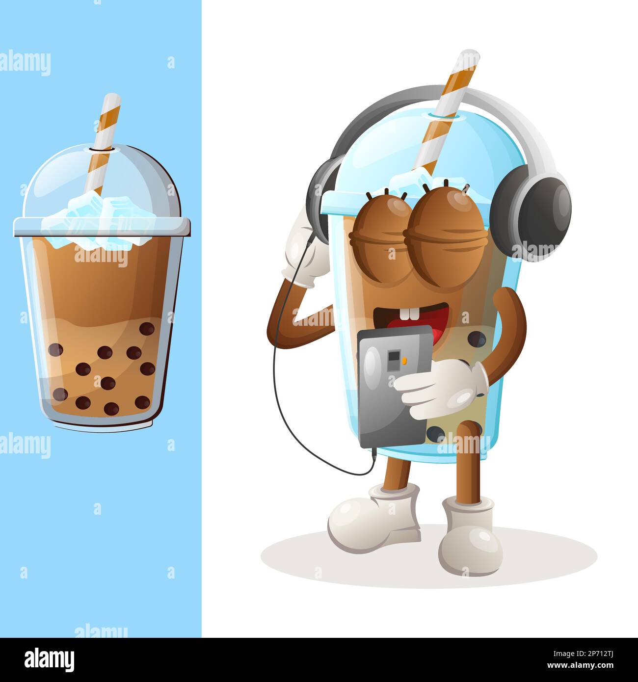 Adorable mascotte Bubble Tea écoutant de la musique sur un smartphone à l'aide d'un casque. Idéal pour les magasins d'alimentation, les petites entreprises ou le commerce électronique, la marchandise et l'sticke Illustration de Vecteur