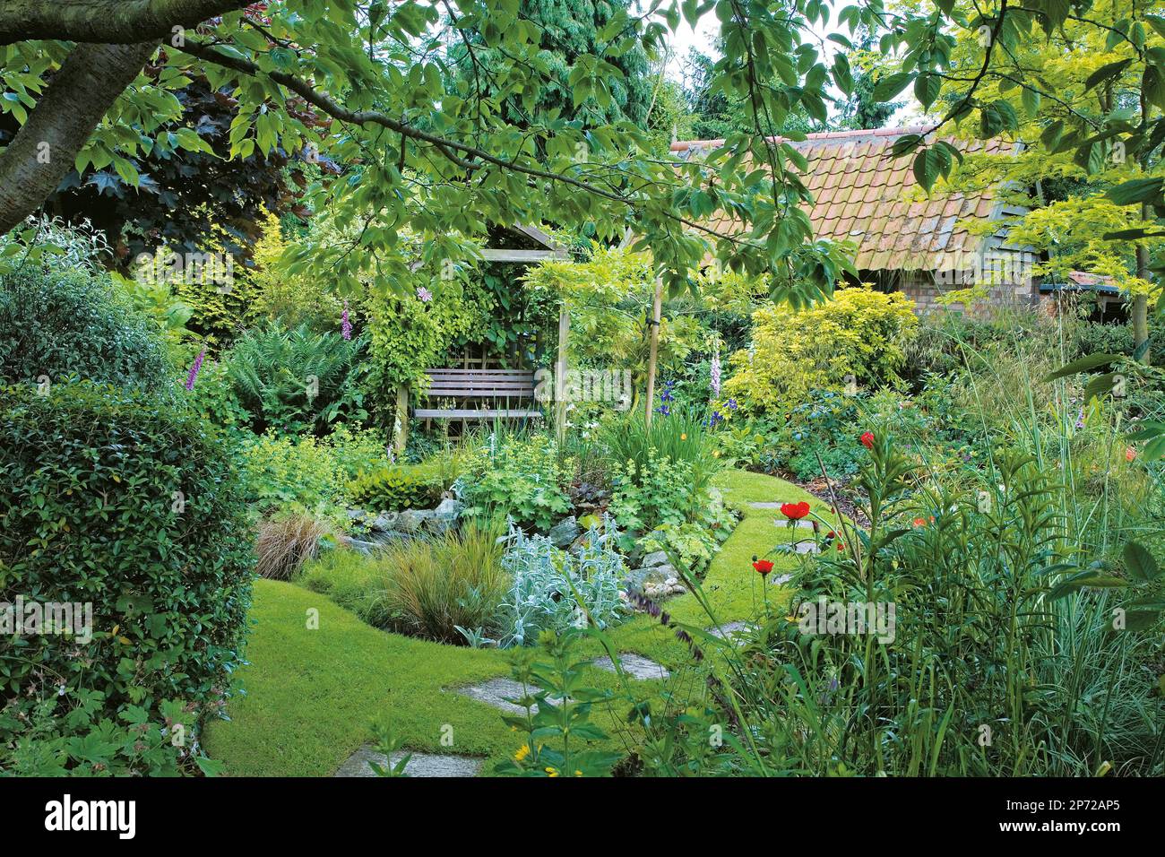 Un siège isolé près d'une piscine informelle dans un joli jardin de cottage d'été Banque D'Images