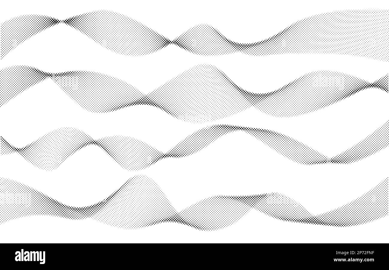 Lignes ondulées demi-ton abstraites sur fond blanc. Texture de raccord de courbe d'écoulement. Bandes grises de fréquence audio. Illustration graphique vectorielle. Illustration de Vecteur