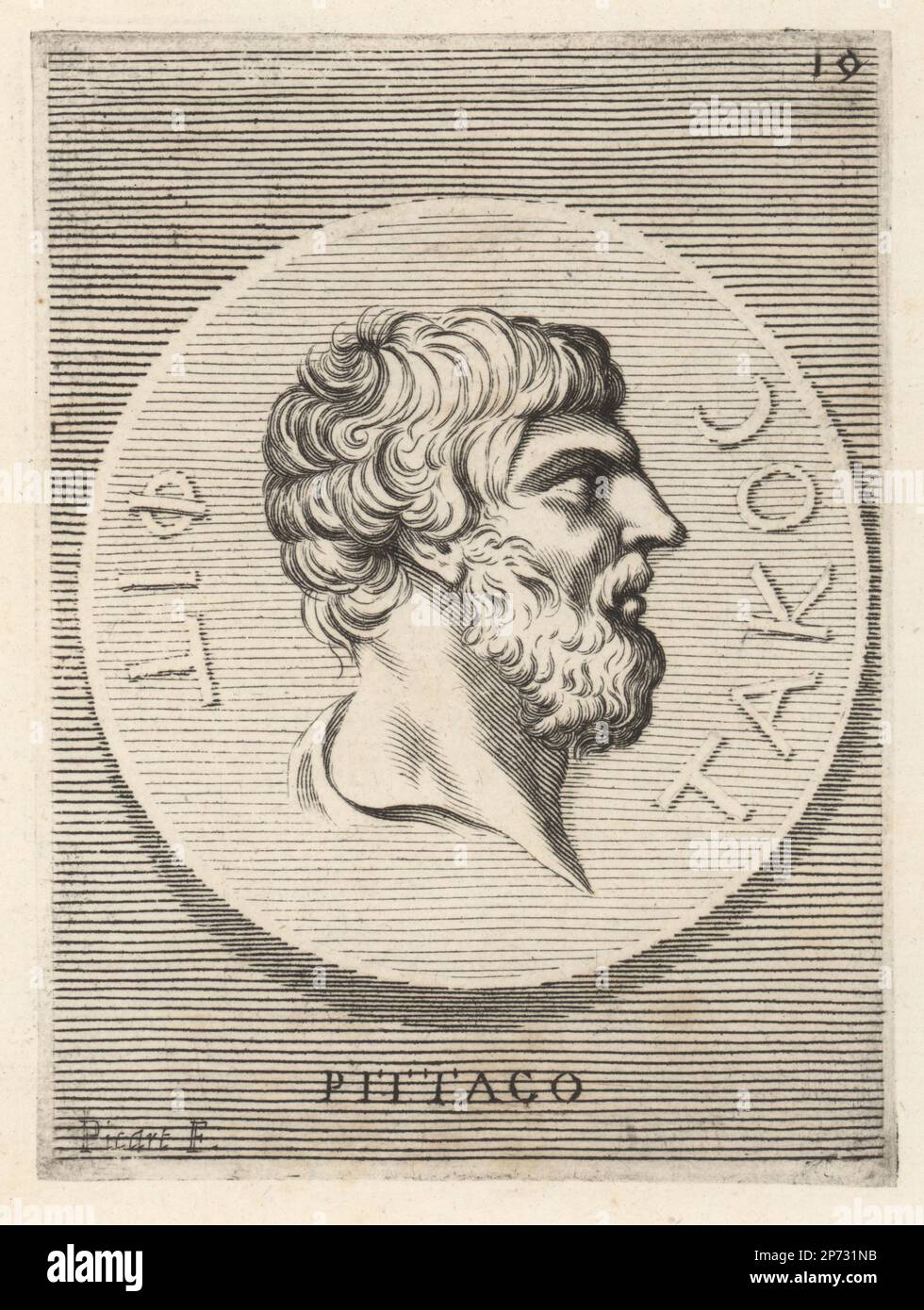 Chef de Pittacus de Mytiline, général militaire et un des sept Sages de Grèce, vers 640-568 av. J.-C. Fils d'HyrRADIUS de Thrace. Profil d'un homme barbu. Pittaco. Gravure sur plaque de copperplate par Etienne Picart d’après Giovanni Angelo Canini d’Iconografia, cioe disegni d’imagini de famosissimi monarchi, regi, filososi, poeti ed oratori dell' Antichita, dessins d’images de célèbres monarques, rois, philosophes, poètes et orateurs d’Antiquity, Ignatio de Lazatio, Rome, 1699. Banque D'Images