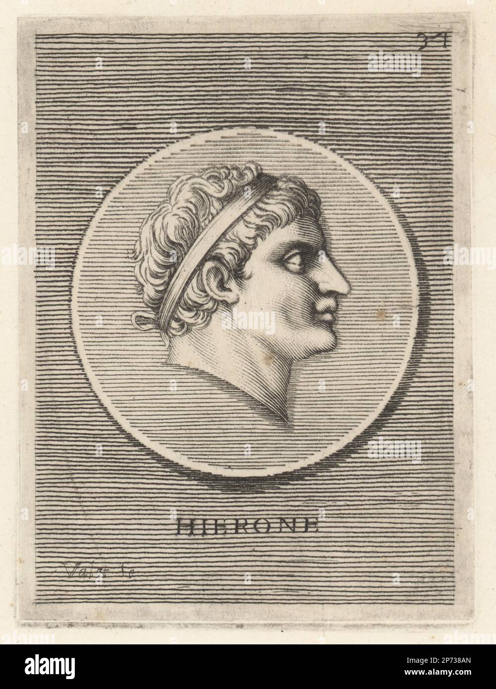 Hiero I, ou Hieron I, tyran de Syracuse, Sicile, 478 à 467 av. J.-C. Fils de Deinomenes, et frère de Gelon. Il s'est joint aux Cumaéens dans leur bataille contre les Etrusques à la bataille de Cumae 474 av. J.-C. Tête d'un homme portant un diadem royal. Hierone. Gravure en plaques de Guillaume Vallet d'après Giovanni Angelo Canini d'Iconografia, cioe disegni d'imagini de famosissimi monarchi, regi, filososi, poeti ed oratori dell' Antichita, dessins d'images de célèbres monarques, rois, philosophes, poètes et orateurs d'Antiquity, Ignatio de Lazatio, Rome, 1699. Banque D'Images