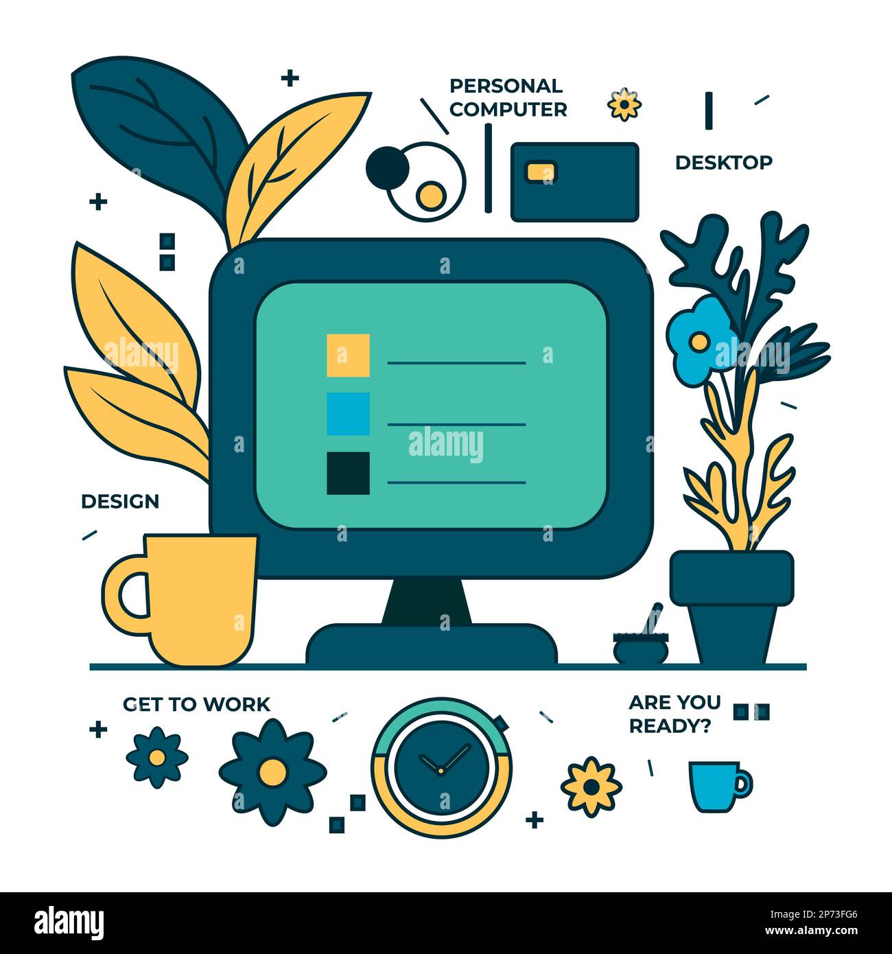 Ensemble d'icônes rétro-plates liées aux activités de travail. Illustration fraîche d'un ordinateur portable, horloges, plantes, fleurs et café pour la vie quotidienne Illustration de Vecteur