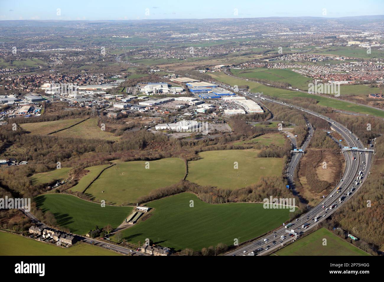 Vue aérienne de Birstall près de Leeds, West Yorkshire, Royaume-Uni Banque D'Images