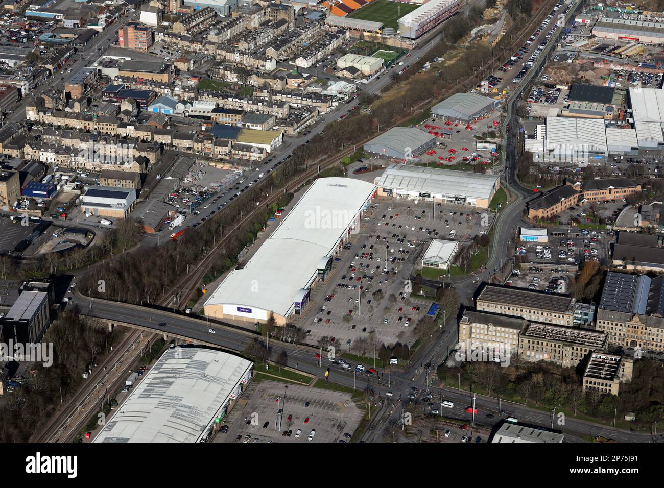 Vue aérienne du parc commercial Forster Square à Bradford, West Yorkshire, Royaume-Uni Banque D'Images