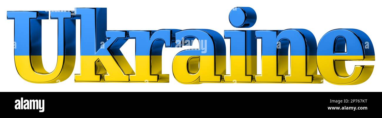 Mot Ukraine en couleur du drapeau ukrainien national: Bleu et jaune Banque D'Images